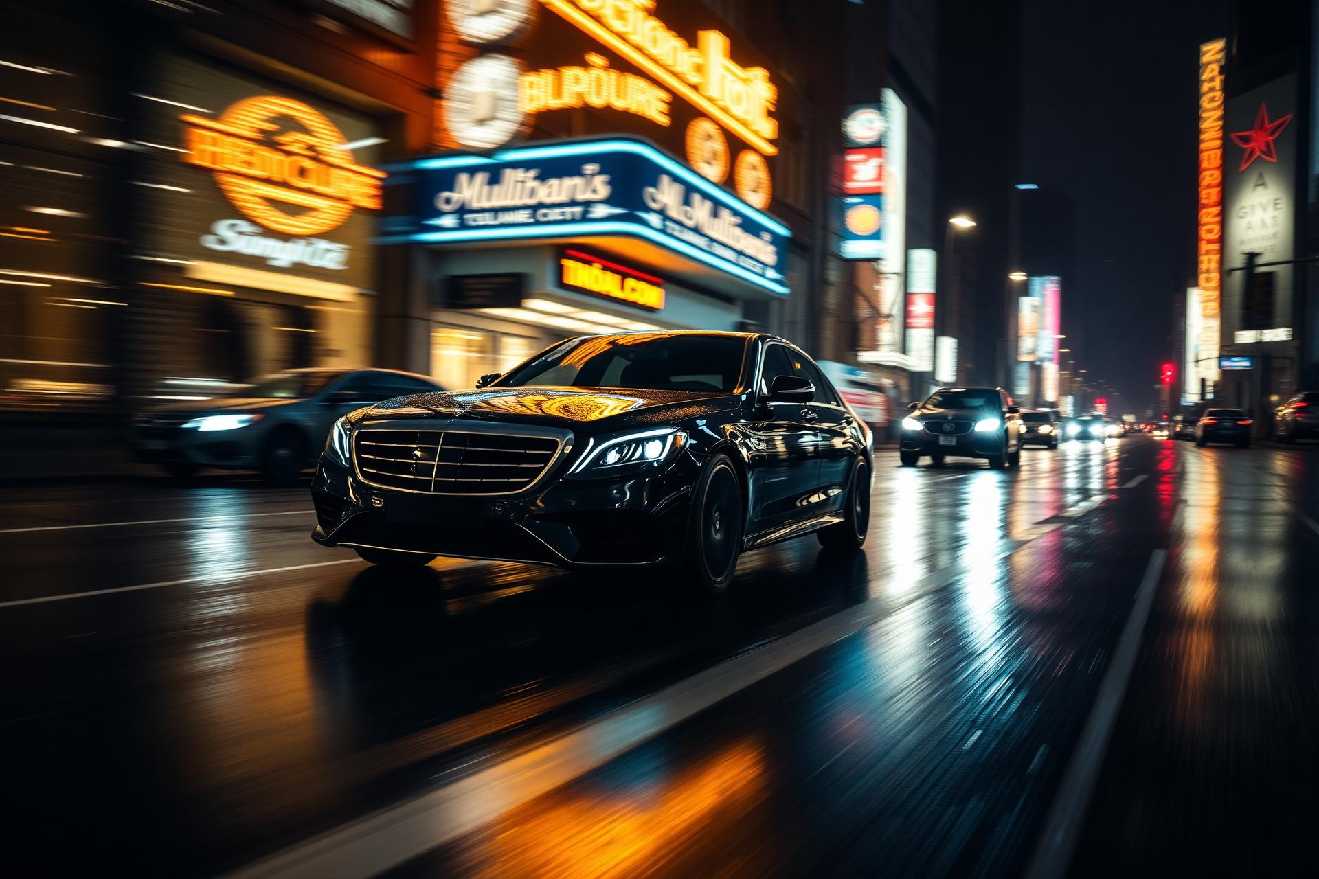 Berline noire de luxe roulant en ville la nuit